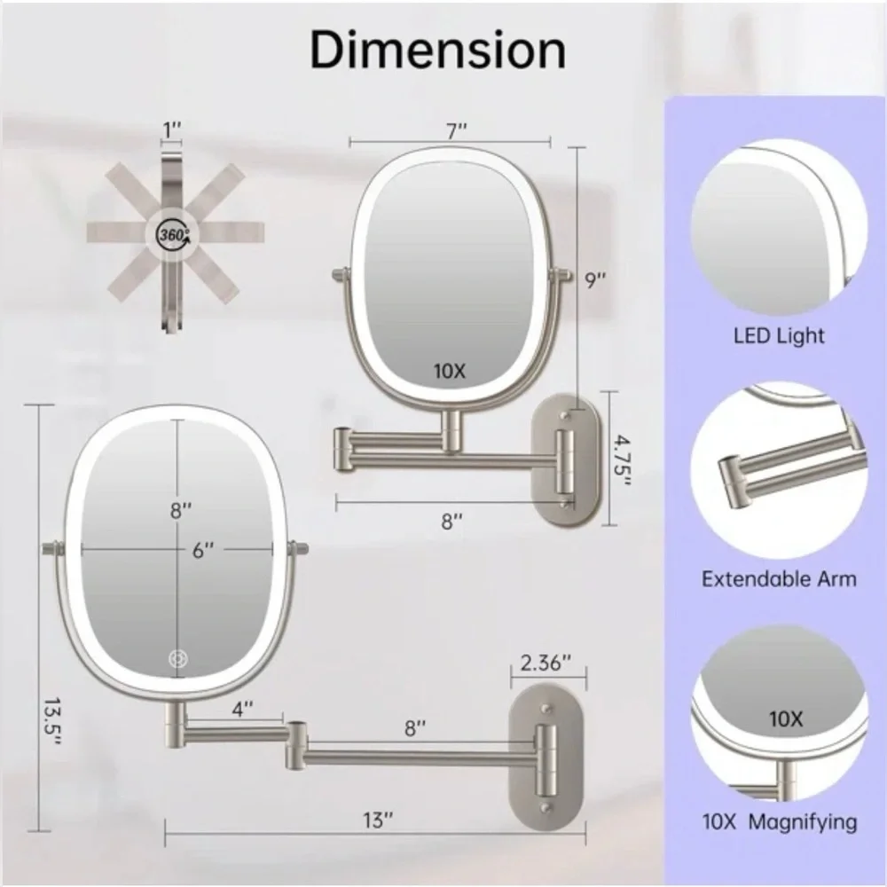 New in Box Oval LED Wall Mounted Vanity Makeup Mirror with Magnification
